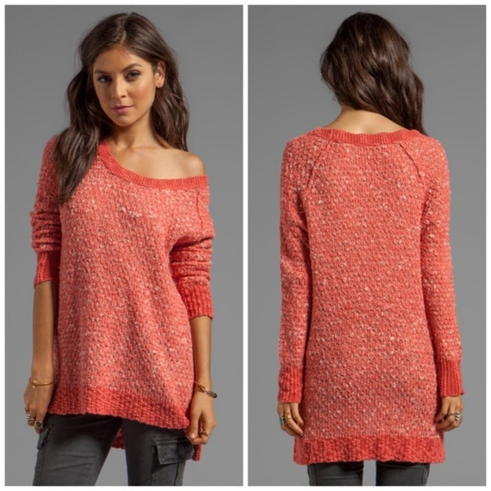 Free People Jeepster Coral Pink Marled High Low Pullover Sweater Size S